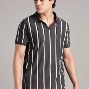 PR3 SS 003 || Black with Grey Stripes || 100% Cotton Polo T-Shirt